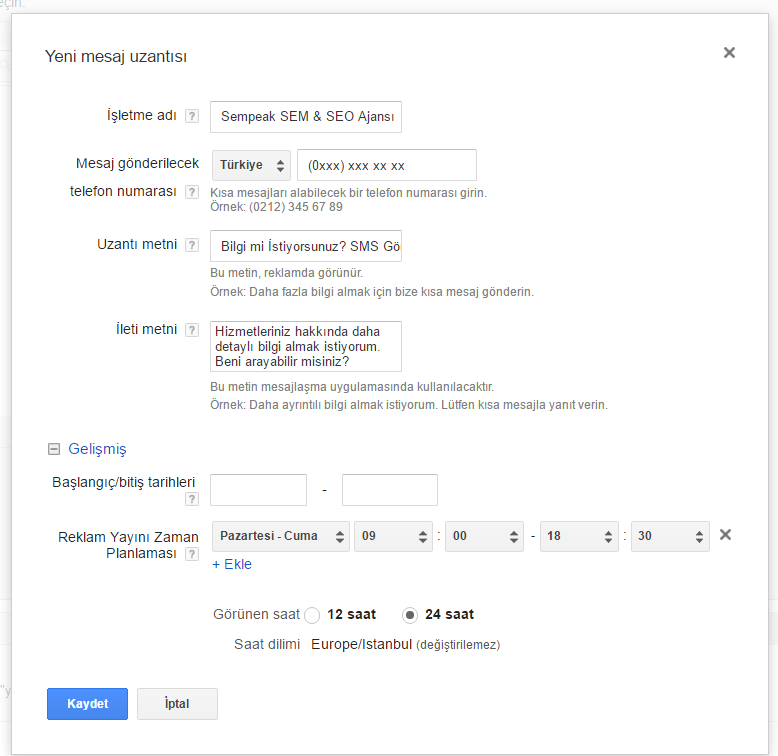 adwords sms uzantısı detay